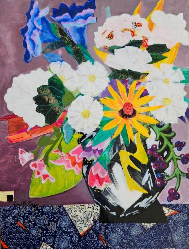 Floral Fantasia, Acrylic & collage on board, 12 x 16", white frame