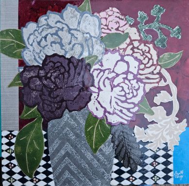 Dark Charm - Collage, linocut and acrylic on board 12 x 12" framed in black