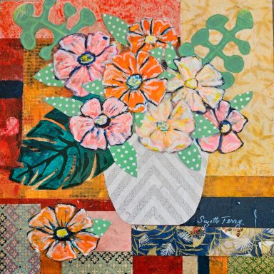 Sunshine Splendour - collage on board, 12 x 12" framed in white