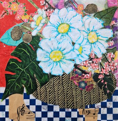 Floral Notations, collage on 3./4 cradle board, turquoise frame